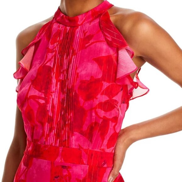 NWT AQUA Ruffle Chiffon Floral Maxi Formal Gown Fushia/Poppy 4 MSRP $258.00 - Picture 5 of 10